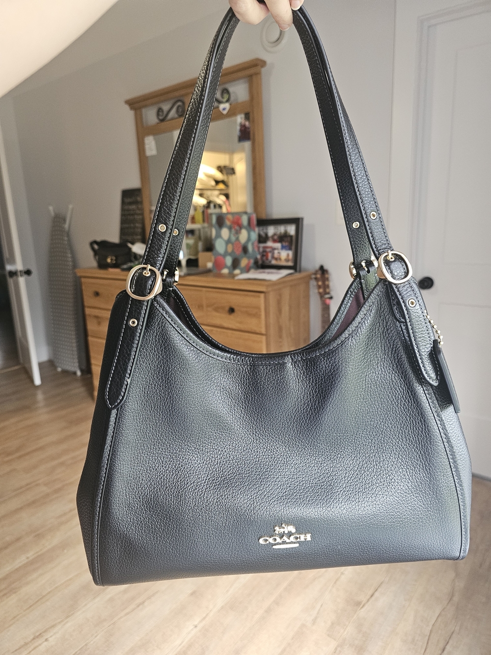Coach Black Pebbled Leather Shoulder Tote with Gold Hardware